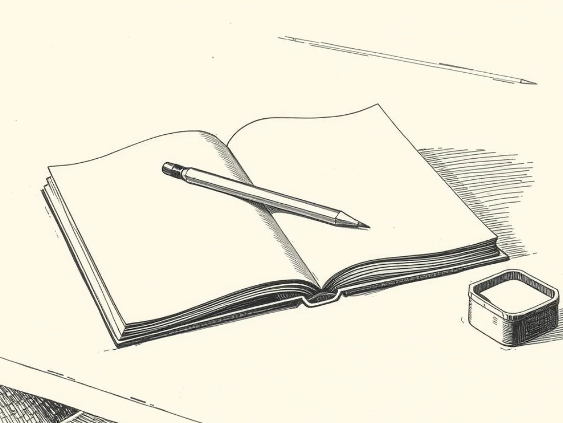 An engraving of an open sketchbook and pencil on a counter