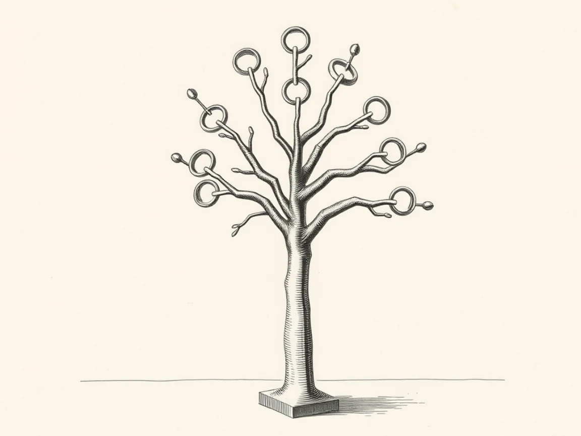 An engraving of a cast sprue tree of rings