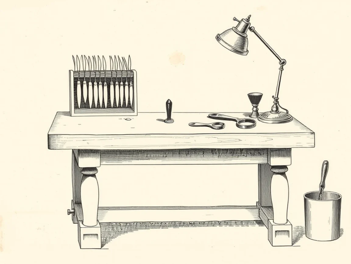 An engraving of a jeweller's workbench and hand tools