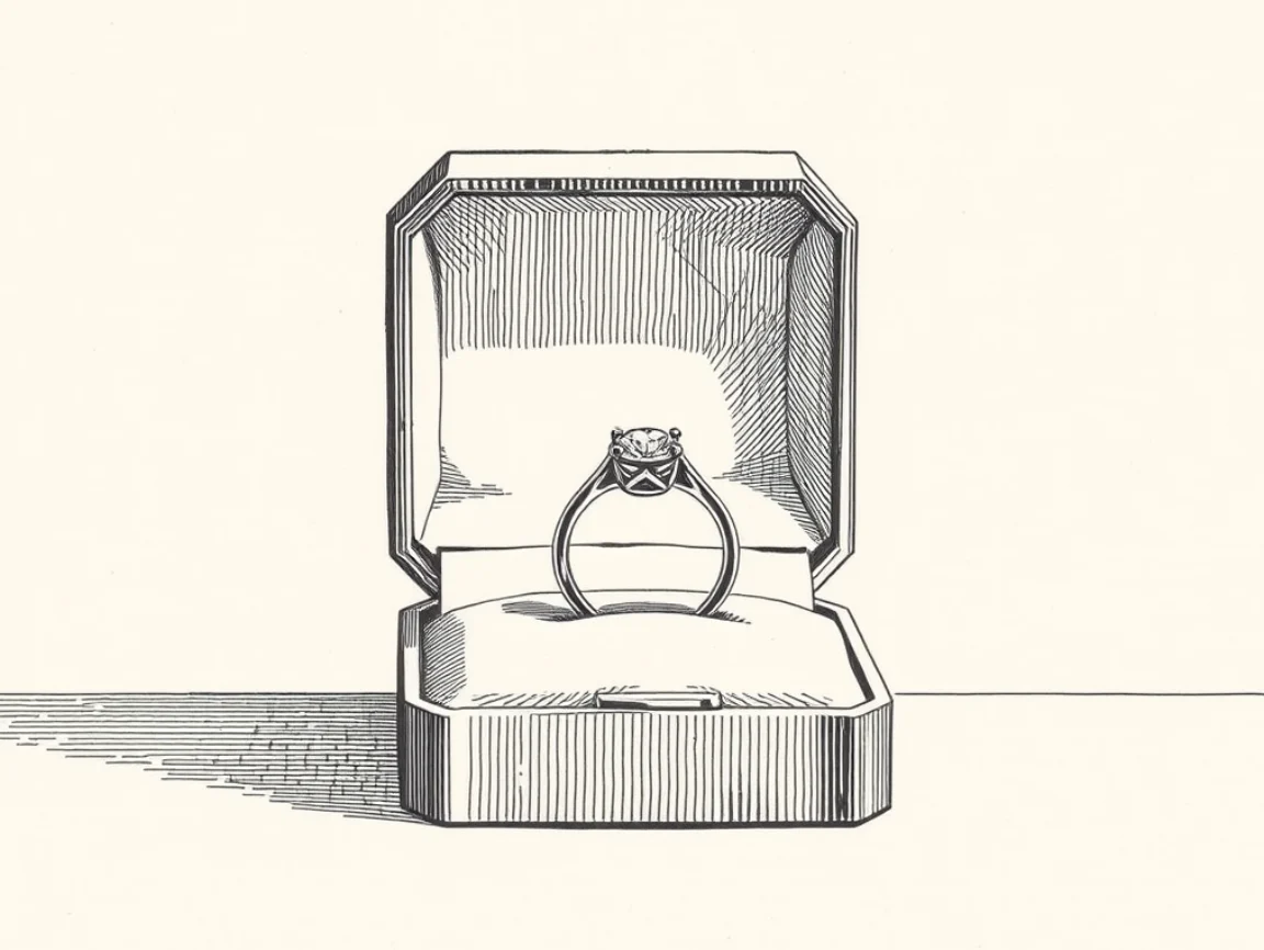 An engraving of a finished solitaire ring in an open box