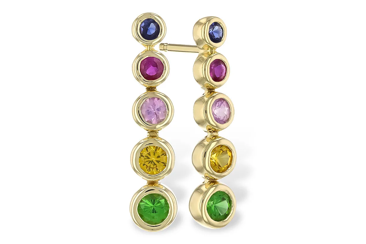 Multi-Color Gemstone, Sapphire & Green Garnet Earrings in yellow gold