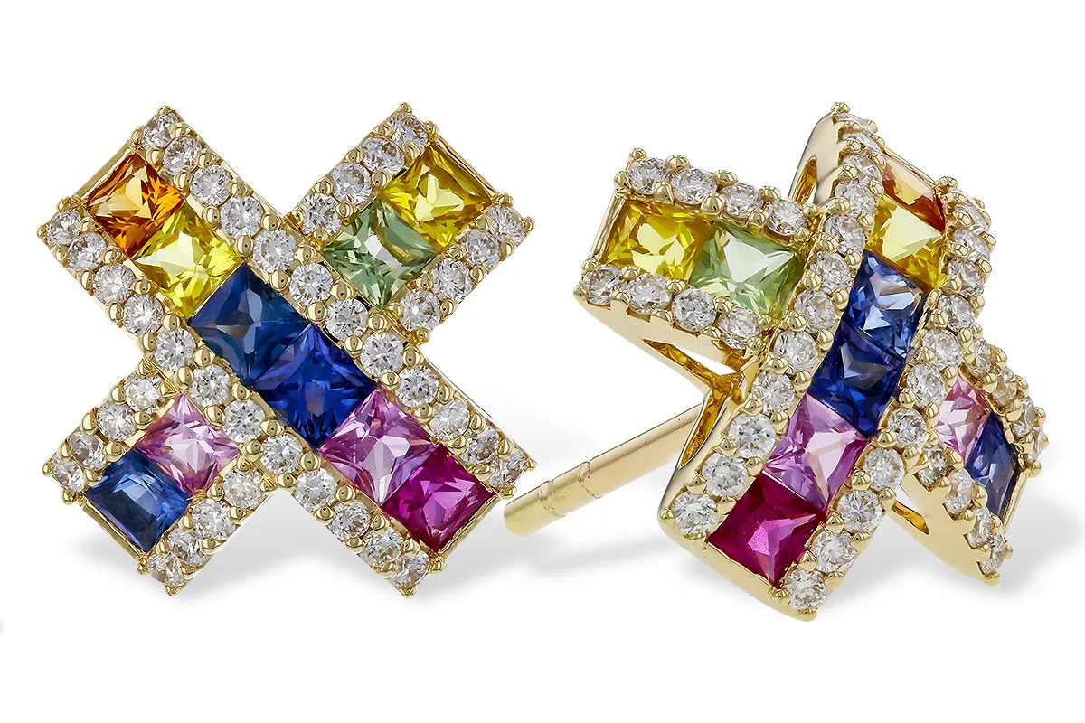 Multi-Color Gemstone & Sapphire Earrings in yellow gold