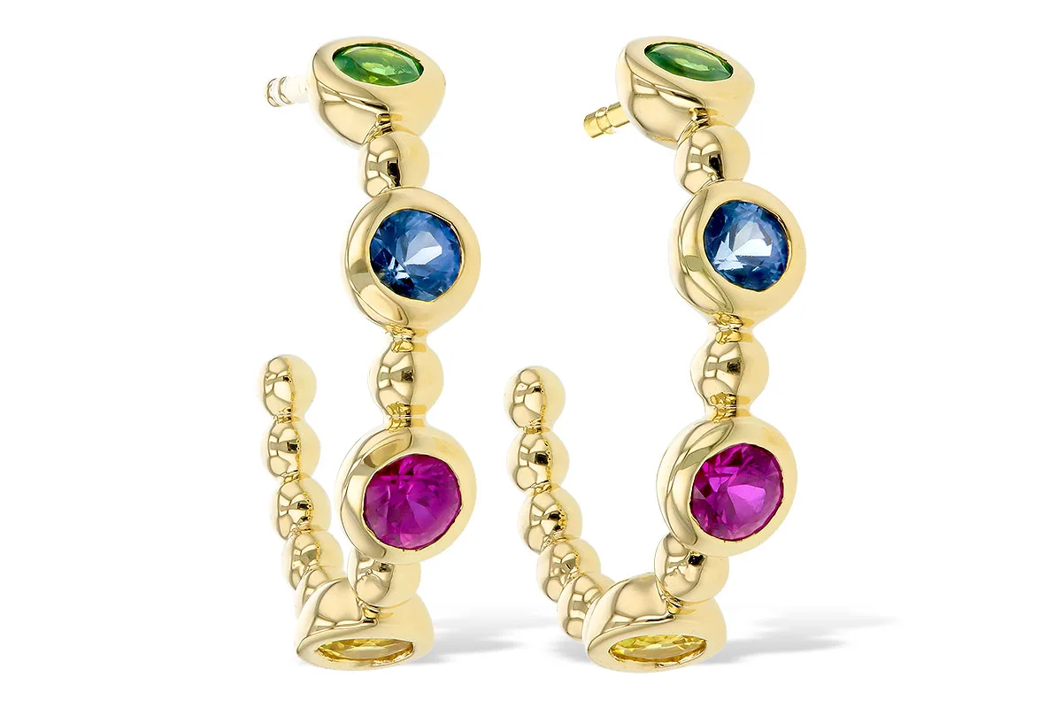 Multi-Color Gemstone, Sapphire & Green Garnet Earrings in yellow gold
