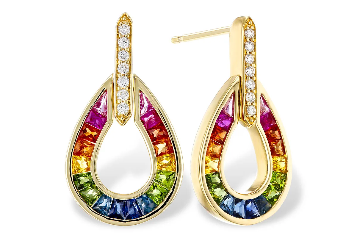 Multi-Color Gemstone & Sapphire Earrings in yellow gold